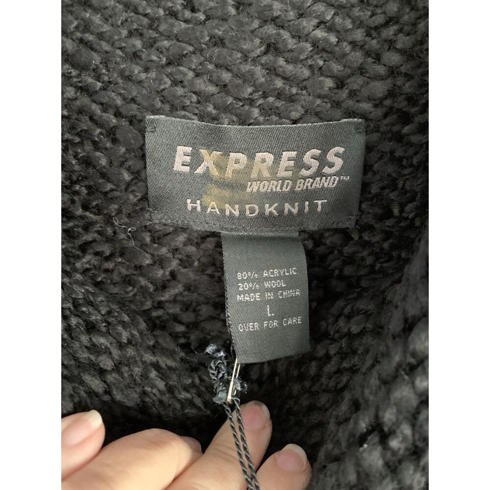 Express Chunky Wool Blend HandKnit Sweater Large Black Sleeveless Mock Neck 90s - Picture 2 of 10